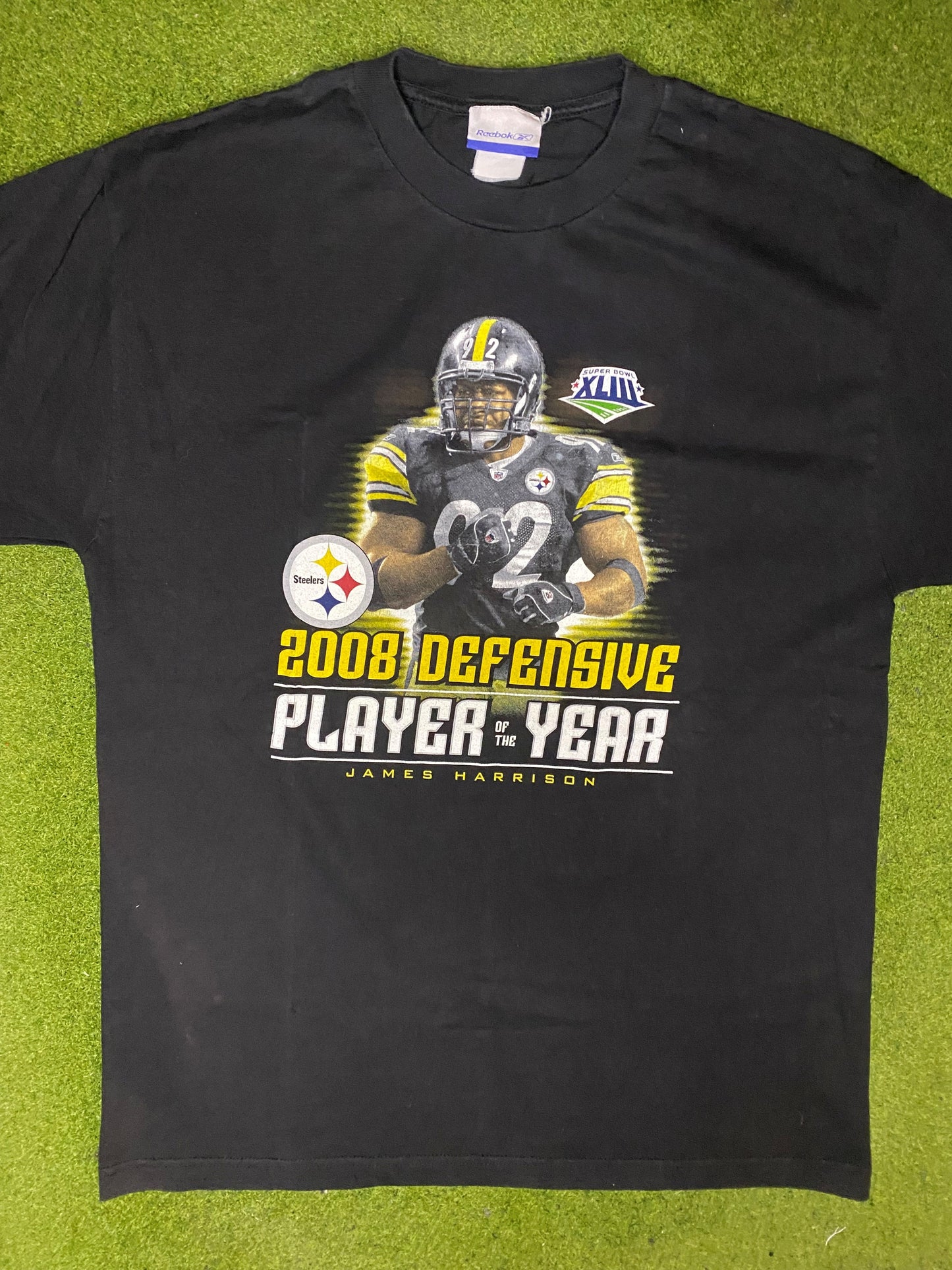 2008 Pittsburgh Steelers - James Harrison DPOY - Vintage NFL Player T-Shirt (Large)