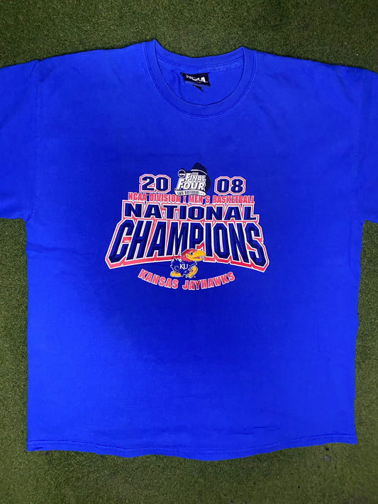 2008 Kansas Jayhawks - National Champions - Vintage College T-Shirt (XL) - Gametime Vintage