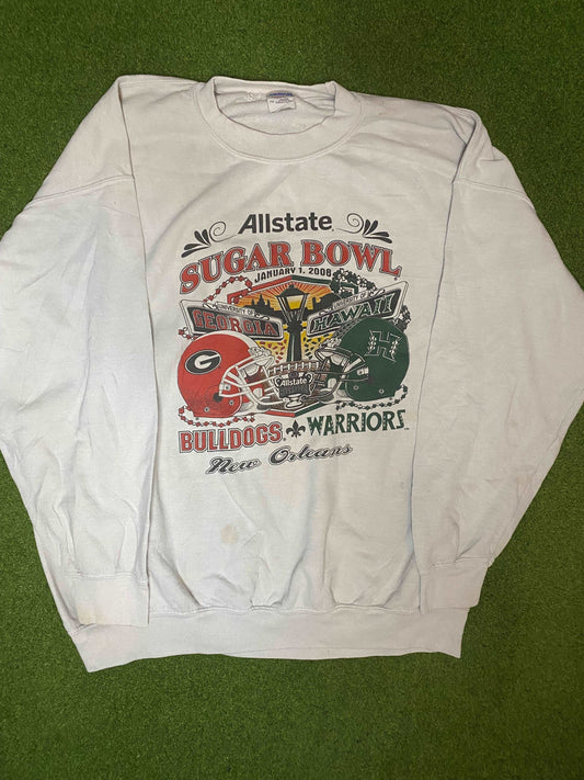 2008 Sugar Bowl - Georgia Bulldogs vs. Hawaii Warriors - Vintage College Football Crewneck Sweatshirt (XL)