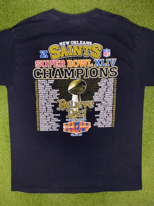 2010 New Orleans Saints - Super Bowl XLIV Champions - Vintage NFL T Shirt (Large) - Gametime Vintage