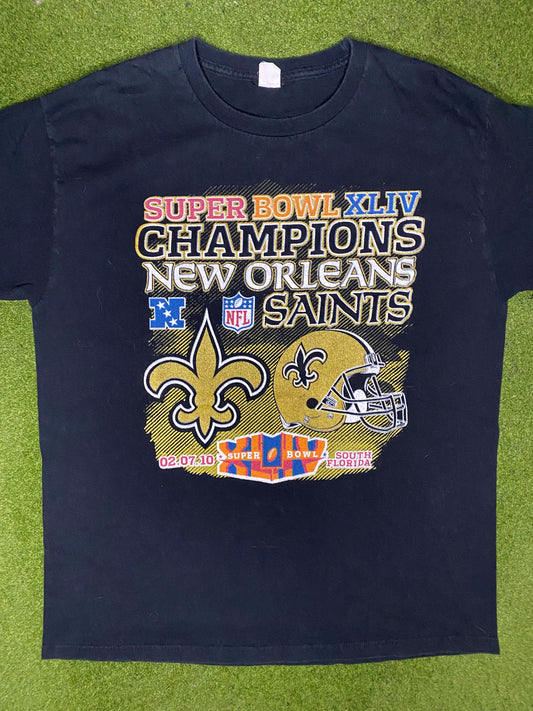 2010 New Orleans Saints - Super Bowl XLIV Champions - Vintage NFL T Shirt (Large) - Gametime Vintage