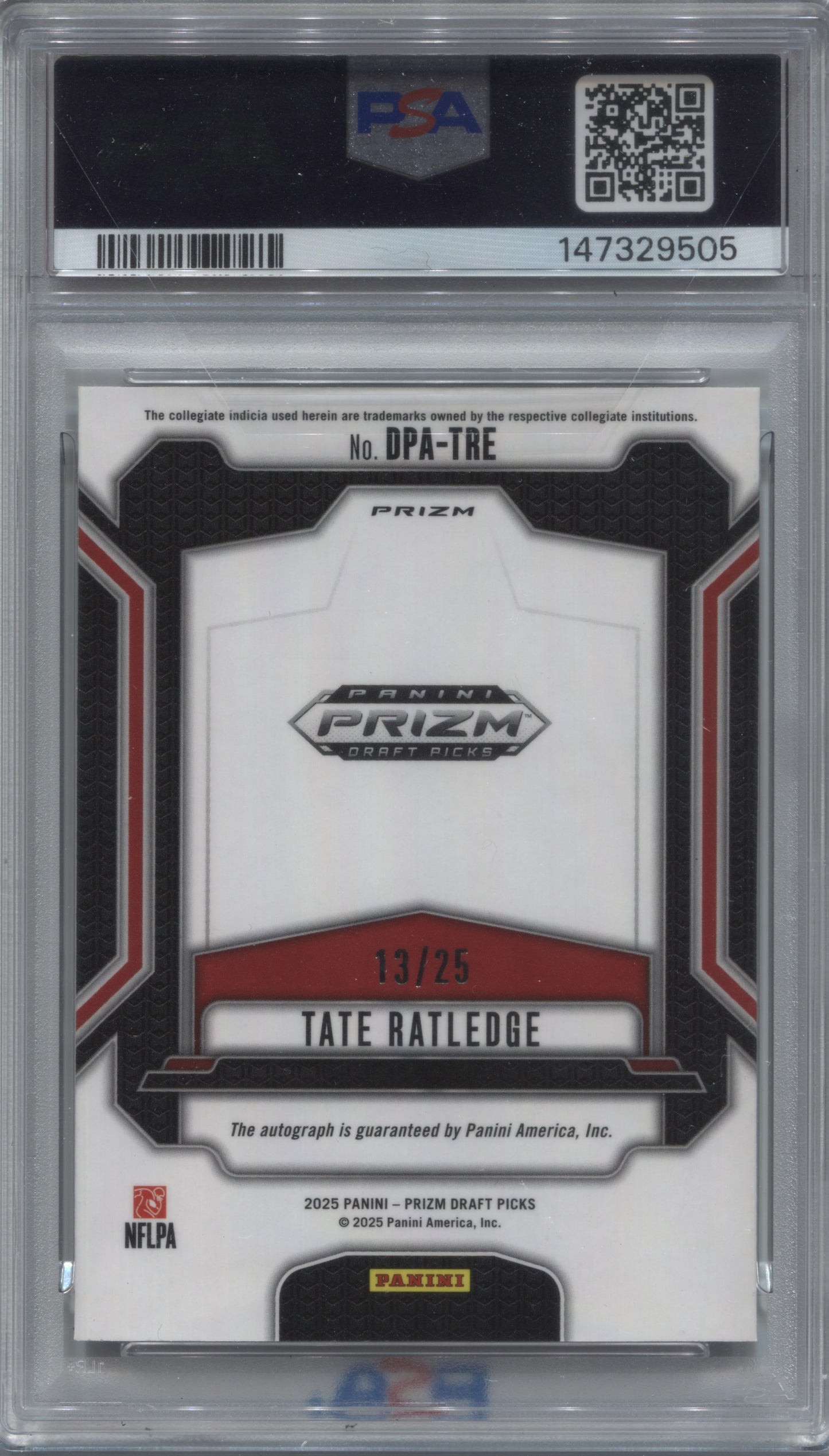 2025 Panini Prizm Draft Picks Tate Ratledge Mojo Rookie Auto /25 #DPA-TRE PSA 10