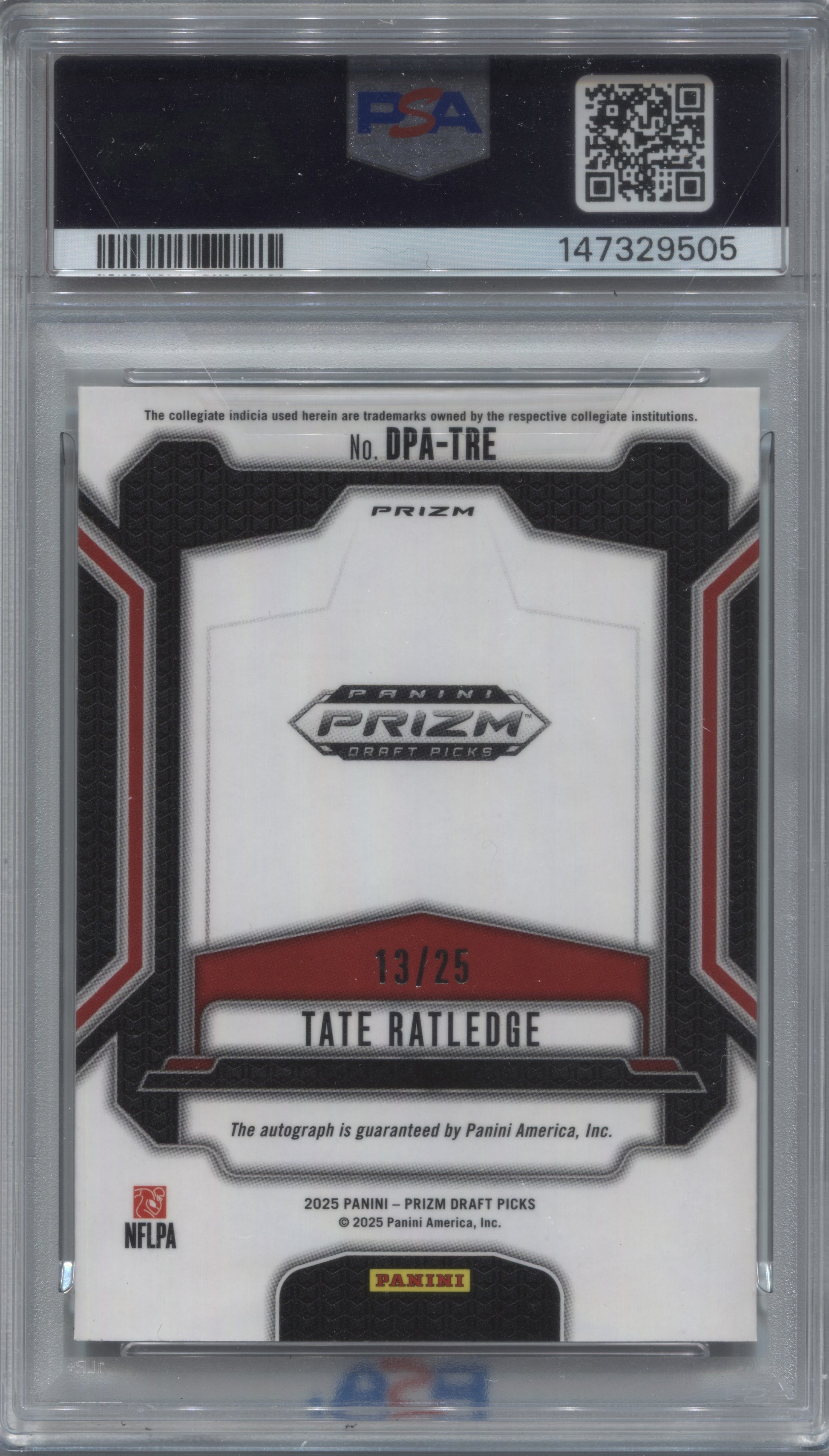 2025 Panini Prizm Draft Picks Tate Ratledge Mojo Rookie Auto /25 #DPA-TRE PSA 10