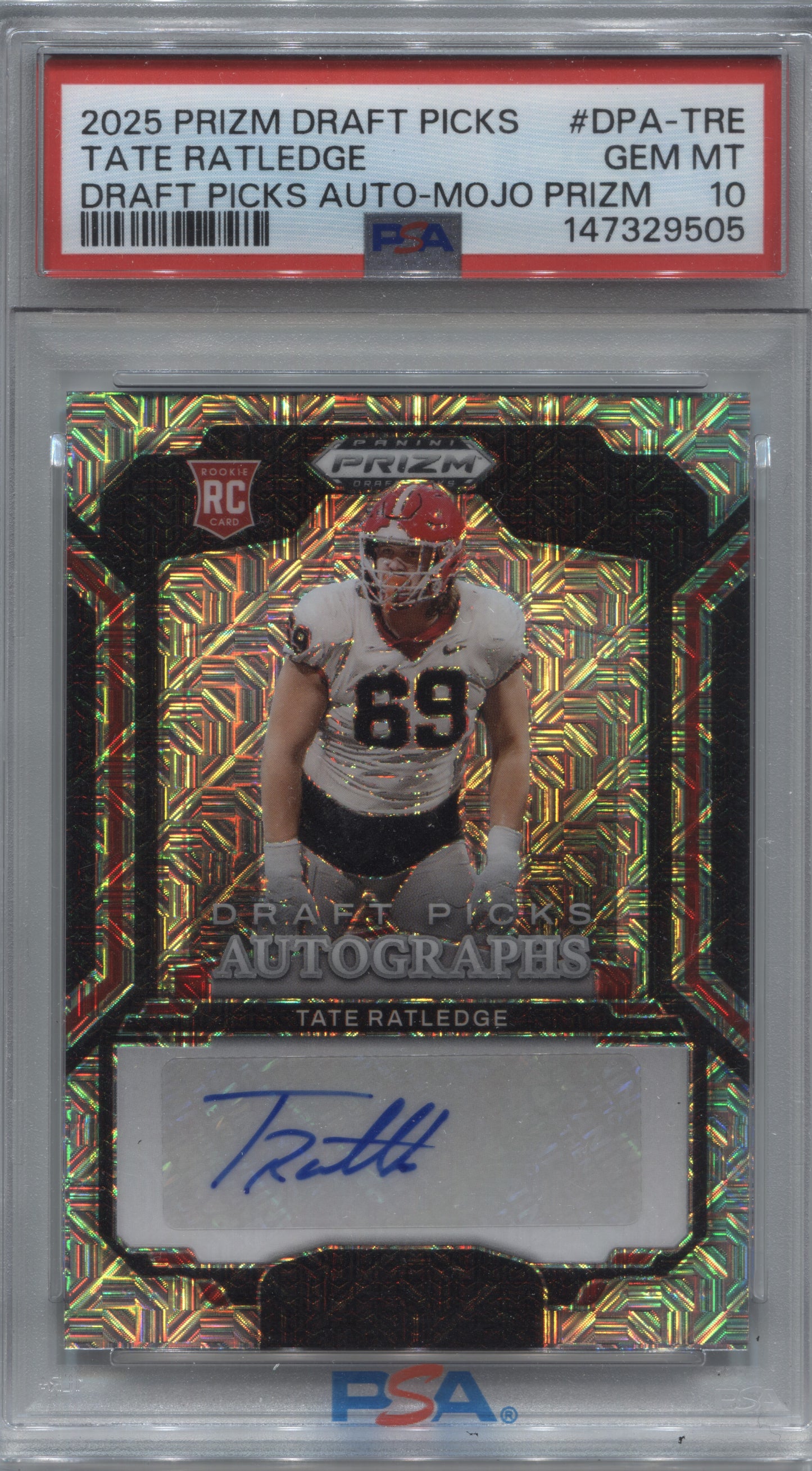 2025 Panini Prizm Draft Picks Tate Ratledge Mojo Rookie Auto /25 #DPA-TRE PSA 10