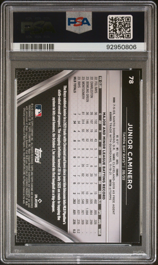 Graded 2024 Topps Chrome Black Junior Caminero #78 Rookie RC Baseball Card PSA 10 Gem Mint