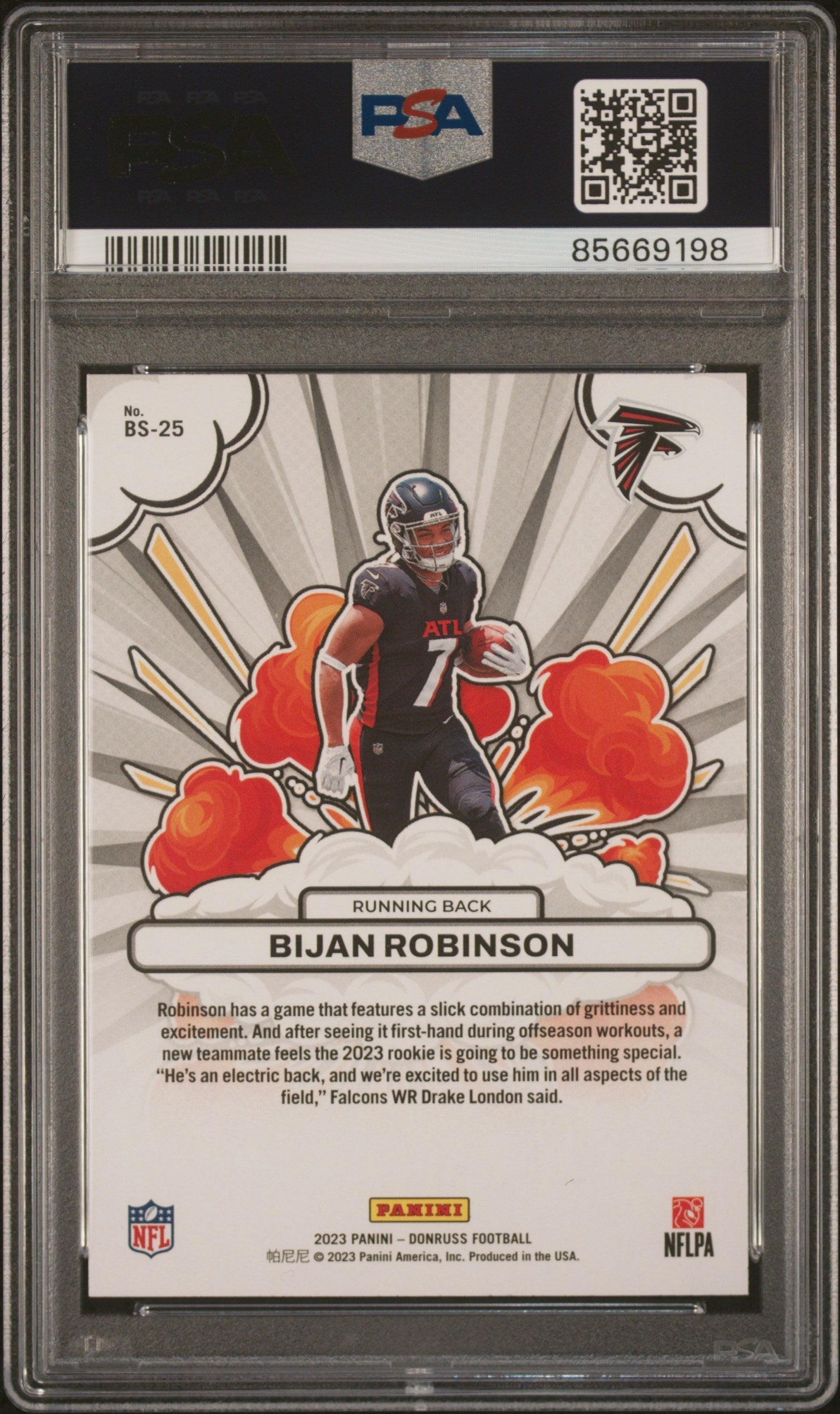 Graded 2023 Panini Donruss Bijan Robinson #BS25 Bomb Squad Rookie RC Football Card PSA 10 Gem Mint