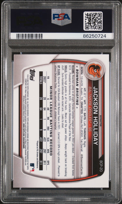 Graded 2023 Topps Bowman Jackson Holliday #BCP20 Chrome Prospects Lunar Glow Refractor Rookie RC Baseball Card PSA 10 Gem Mint