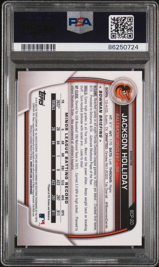 Graded 2023 Topps Bowman Jackson Holliday #BCP20 Chrome Prospects Lunar Glow Refractor Rookie RC Baseball Card PSA 10 Gem Mint