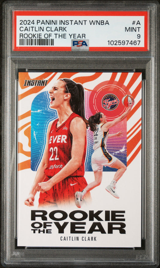 Graded 2024 Panini Instant WNBA Caitlin Clark #A Rookie of the Year Rookie RC Basketball Card PSA 9 Mint