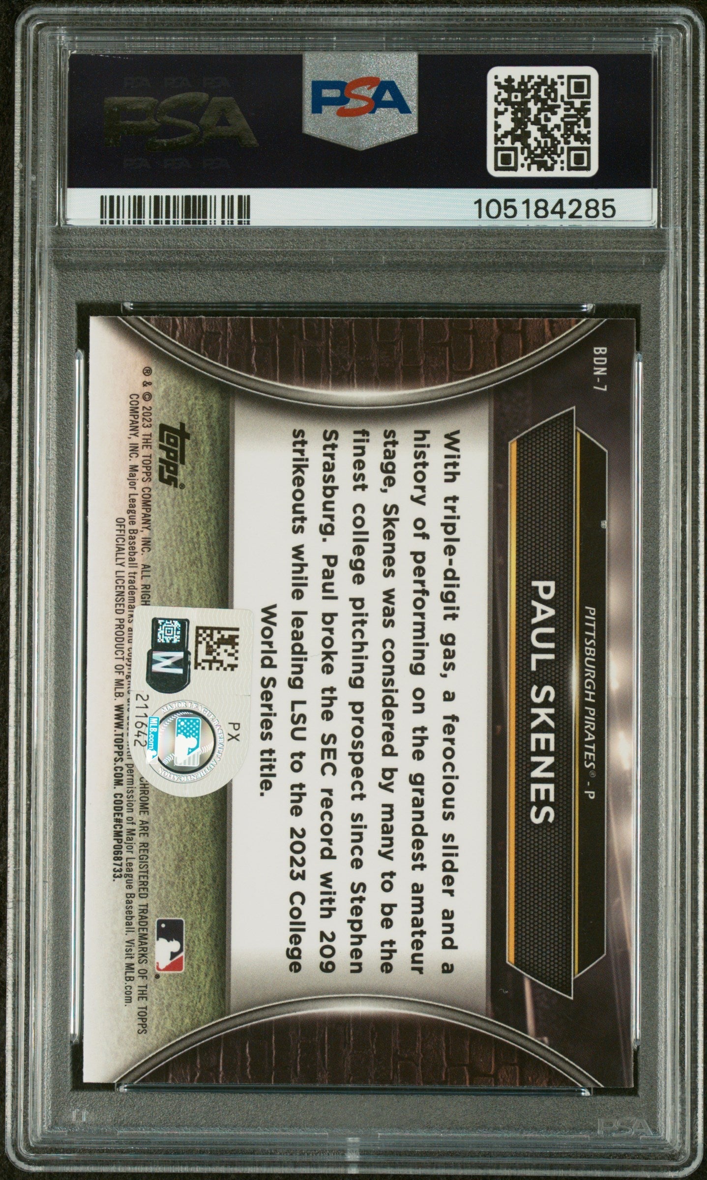 Graded 2023 Topps Bowman Draft Paul Skenes #BDN7 Draft Night Rookie RC Baseball Card PSA 9 Auto Grade Mint