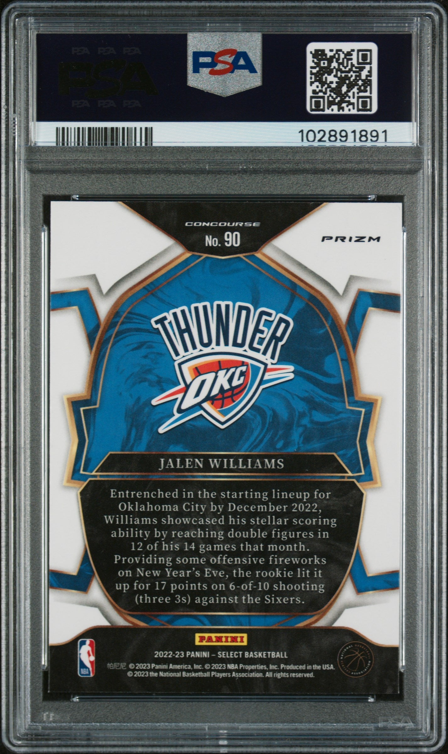 Graded 2022 Panini Select Jalen Williams #90 Tri Color Rookie RC Basketball Card PSA 10 Gem Mint