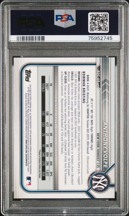 Graded 2022 Topps Bowman Draft Anthony Volpe #BDC68 Chrome Rookie RC Baseball Card PSA 10 Gem Mint