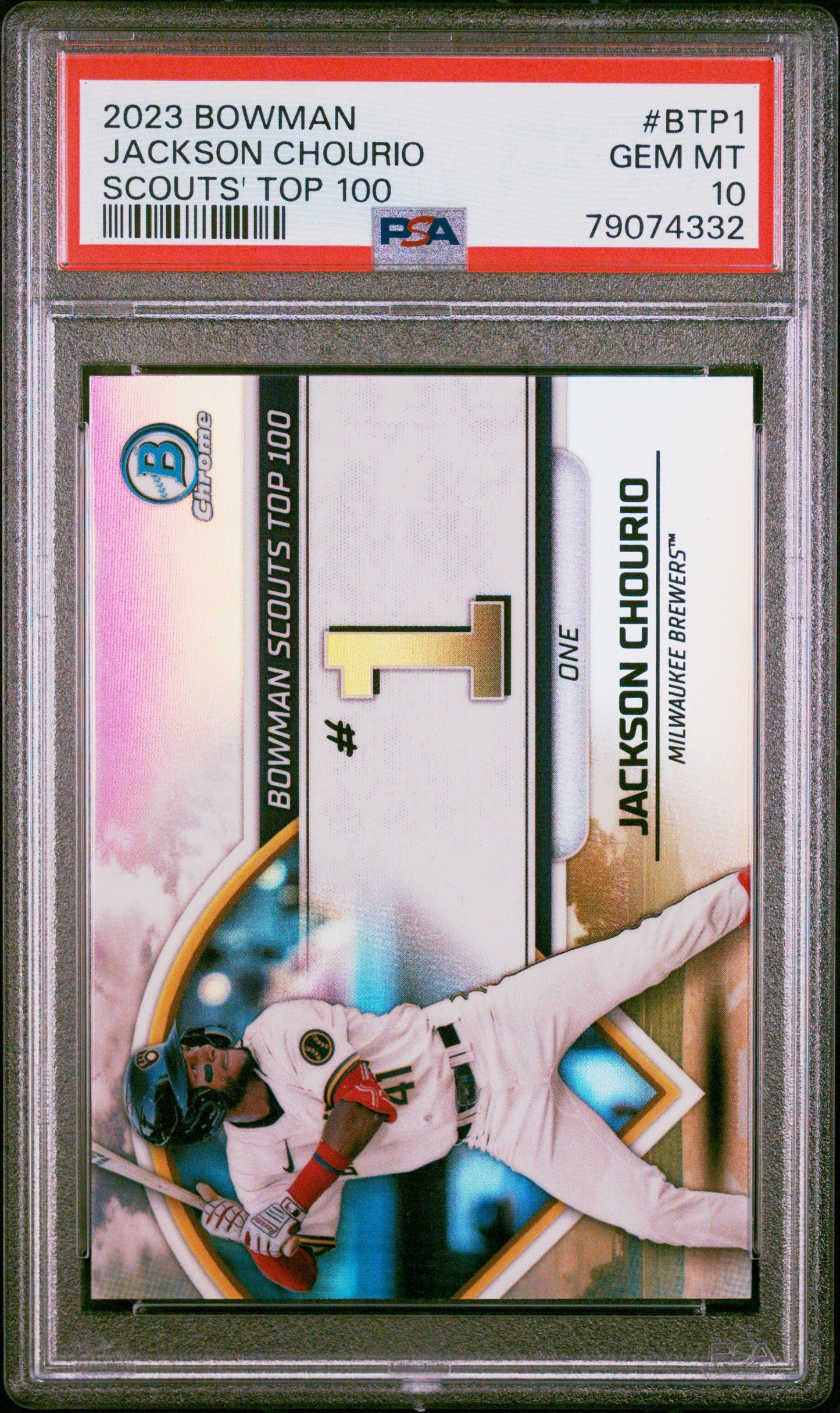 Graded 2023 Topps Bowman Jackson Chourio #BTP1 Scouts Top 100 Rookie RC Baseball Card PSA 10 Gem Mint