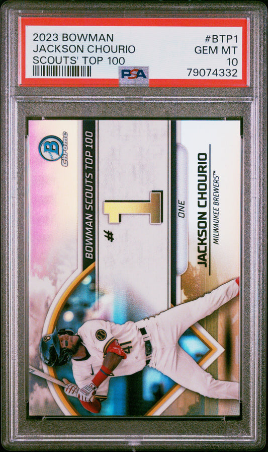 Graded 2023 Topps Bowman Jackson Chourio #BTP1 Scouts Top 100 Rookie RC Baseball Card PSA 10 Gem Mint