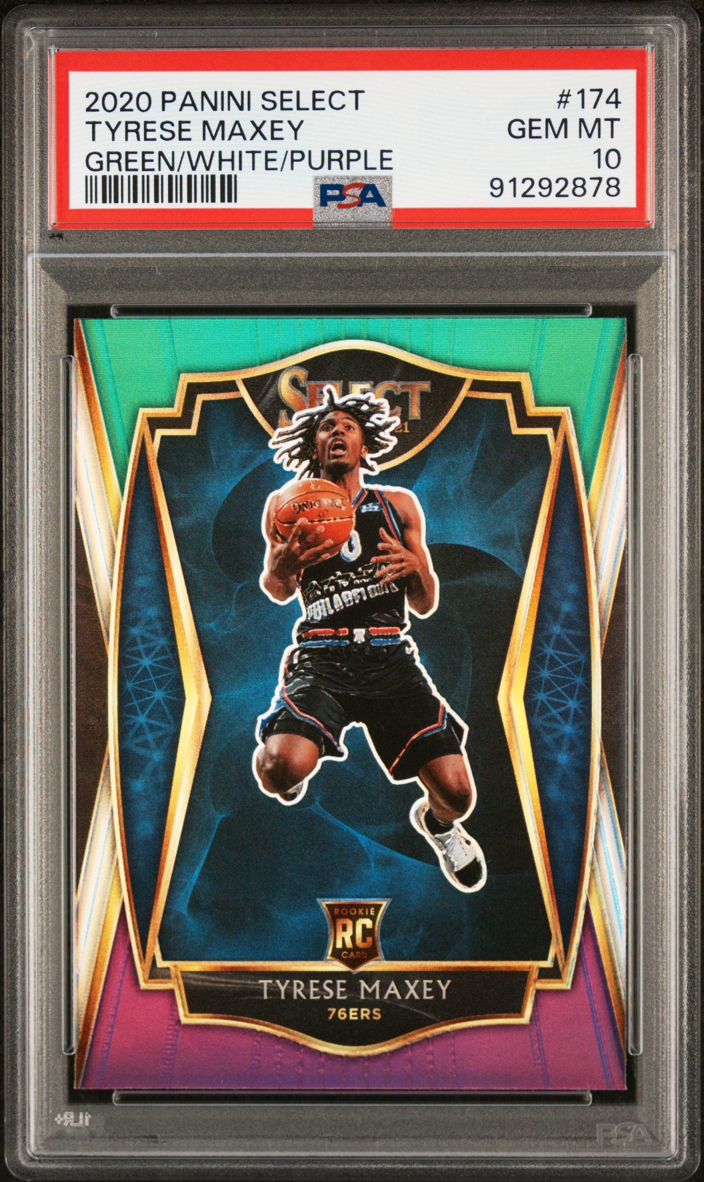 Graded 2020 Panini Select Tyrese Maxey #174 Green/White/Purple Rookie RC Basketball Card PSA 10 Gem Mint