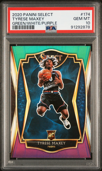 Graded 2020 Panini Select Tyrese Maxey #174 Green/White/Purple Rookie RC Basketball Card PSA 10 Gem Mint