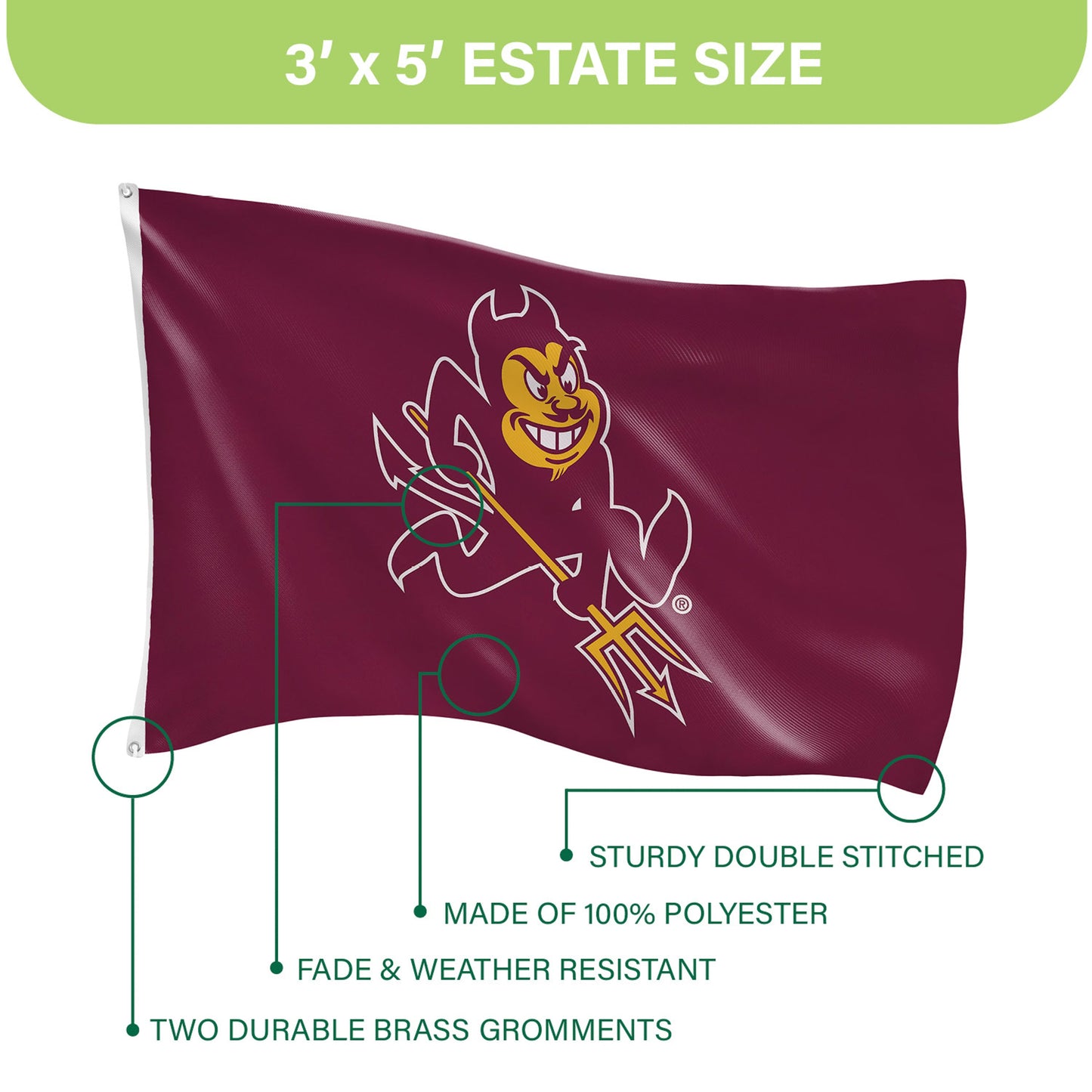 Arizona State University Single Sided Flag w/ 2 Grommets, 3'x5'