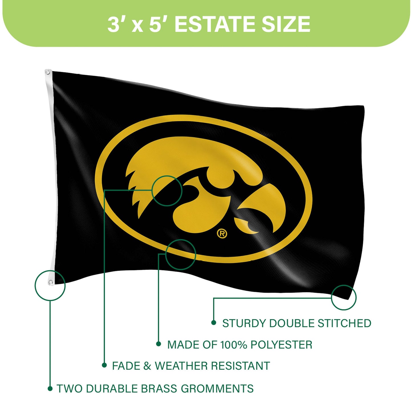 University of Iowa Single Sided Estate Flag with 2 Grommets, 3'x5'