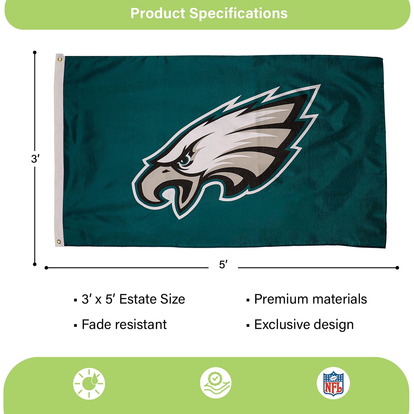 Philadelphia Eagles Single Sided Estate Flag with 2 Grommets, 3'x5'