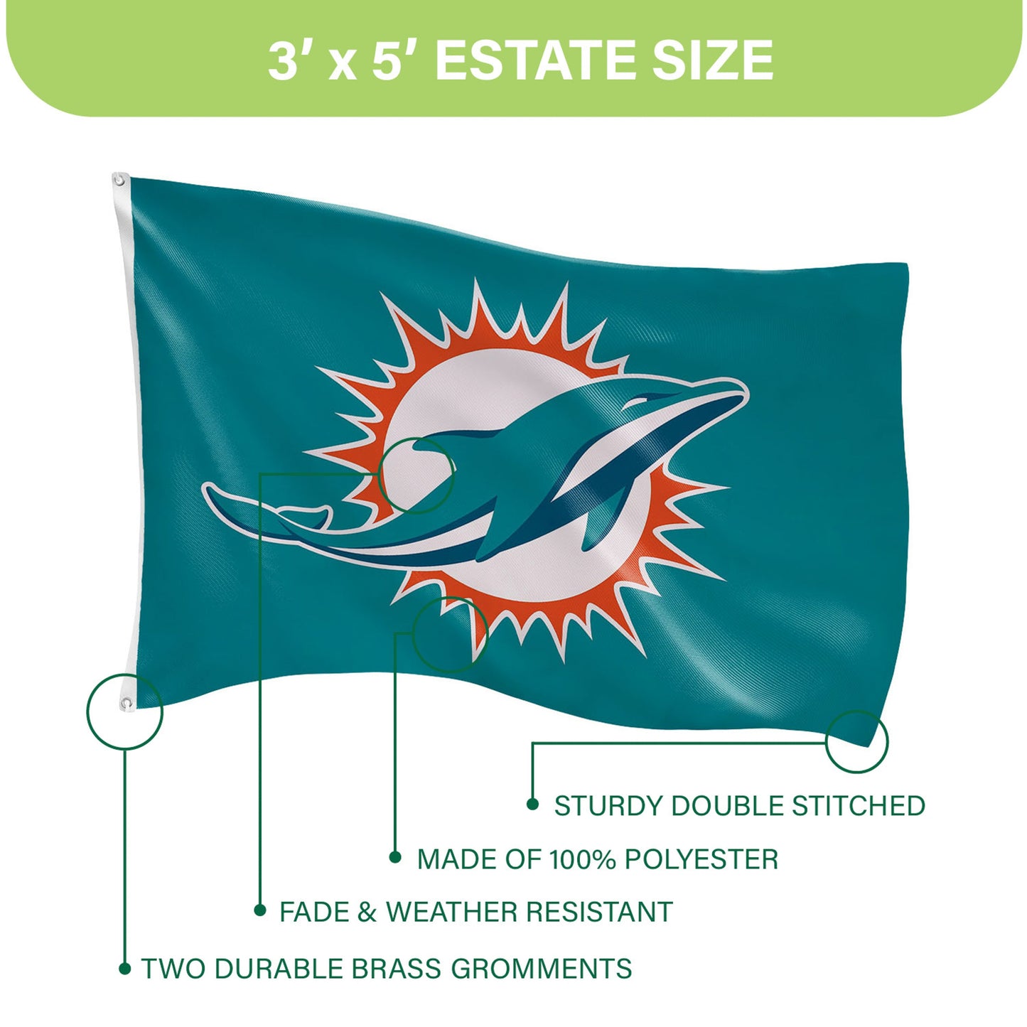 Miami Dolphins Single Sided Flag with 2 Grommets, 3'x5'