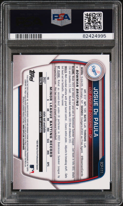 Graded 2023 Topps Bowman Josue De Paula #BCP111 Chrome Prospects Rookie RC Baseball Card PSA 10 Gem Mint