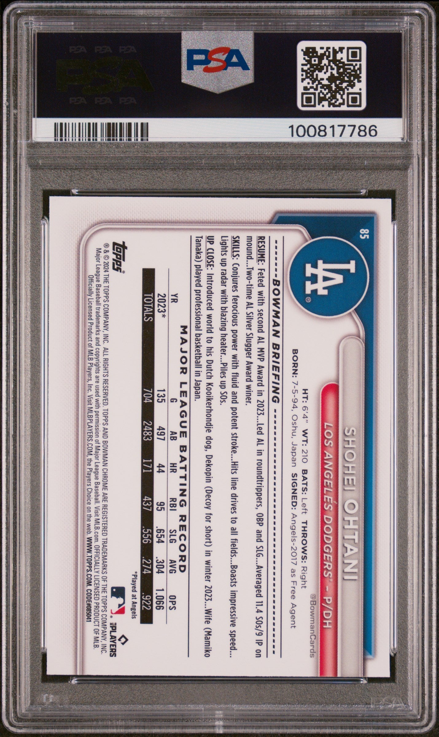 Graded 2024 Topps Bowman Chrome Shohei Ohtani #85 Baseball Card PSA 10 Gem Mint