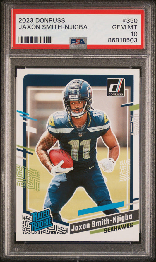 Graded 2023 Panini Donruss Jaxon Smith-Njigba #390 Rookie RC Football Card PSA 10 Gem Mint