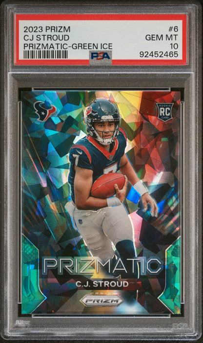 Graded 2023 Panini Prizm CJ Stroud #6 Prizmatic Green Ice Rookie RC Football Card PSA 10 Gem Mint