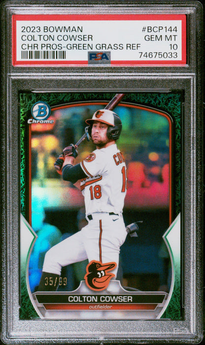 Graded 2023 Topps Bowman Colton Cowser #BCP144 Chrome Prospects Green Grass Refractor #/99 Rookie RC Baseball Card PSA 10 Gem Mint