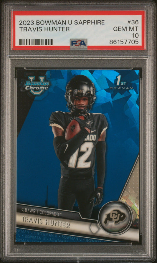 Graded 2023 Topps Bowman U Sapphire Travis Hunter #36 Rookie RC Football Card PSA 10 Gem Mint