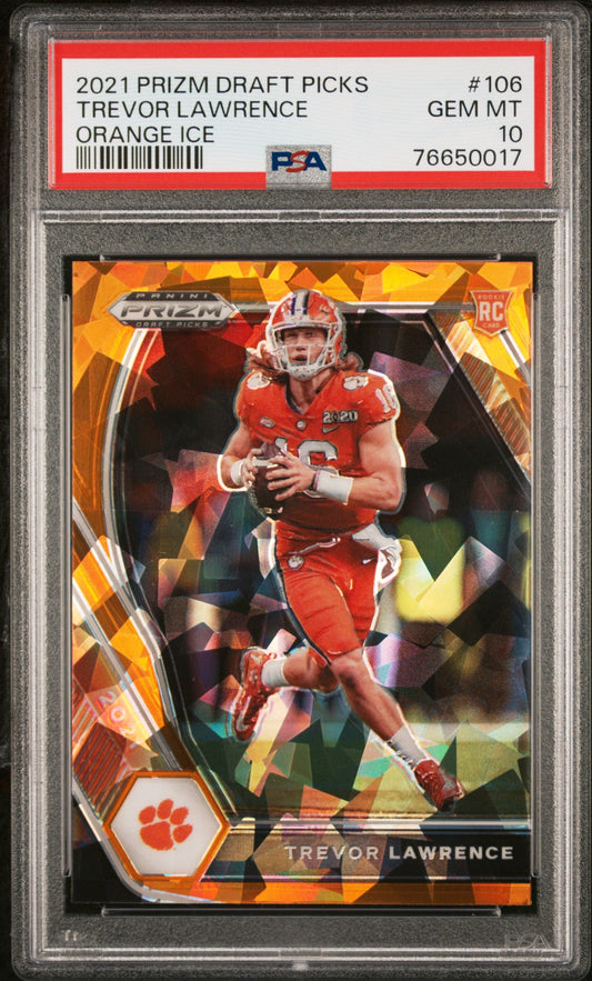Graded 2021 Panini Prizm Draft Picks DP Trevor Lawrence #106 Orange Ice Rookie RC Football Card PSA 10 Gem Mint