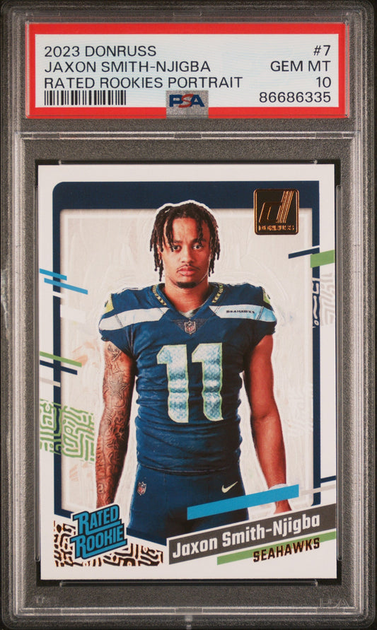 Graded 2023 Panini Donruss Jaxon Smith-Njigba #7 Rated Rookies Portrait Rookie RC Football Card PSA 10 Gem Mint
