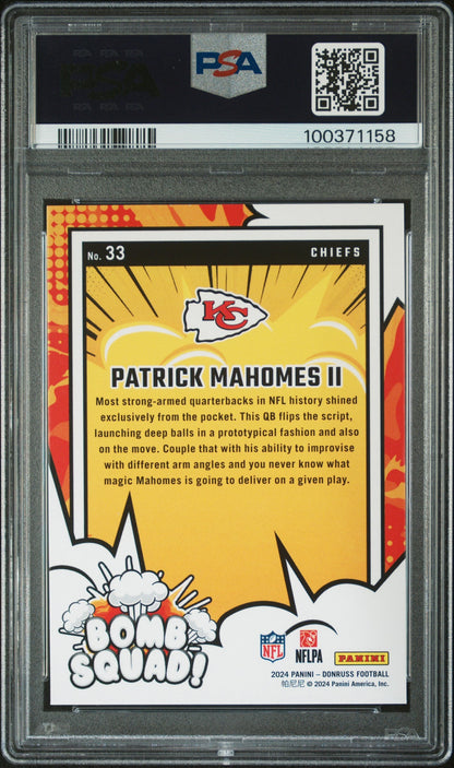 Graded 2024 Panini Donruss Patrick Mahomes II #33 Bomb Squad Football Card PSA 10 Gem Mint