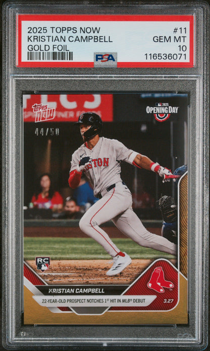 Graded 2025 Topps Now Kristian Campbell #11 Gold Foil /50 Rookie RC Baseball Card PSA 10 Gem Mint