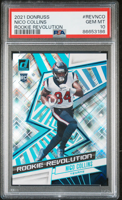 Graded 2021 Panini Donruss Nico Collins #REVNCO Rookie Revolution #/100 Rookie RC Football Card PSA 10 Gem Mint