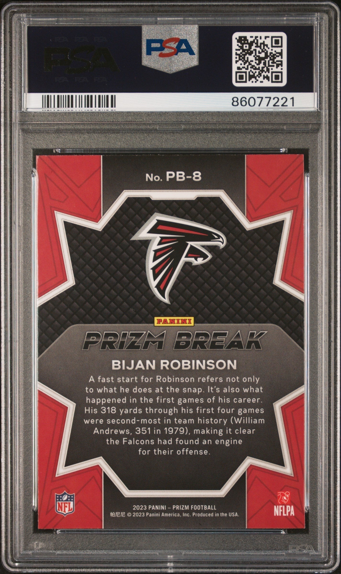 Graded 2023 Panini Prizm Bijan Robinson #PB8 Prizm Break Rookie RC Football Card PSA 10 Gem Mint