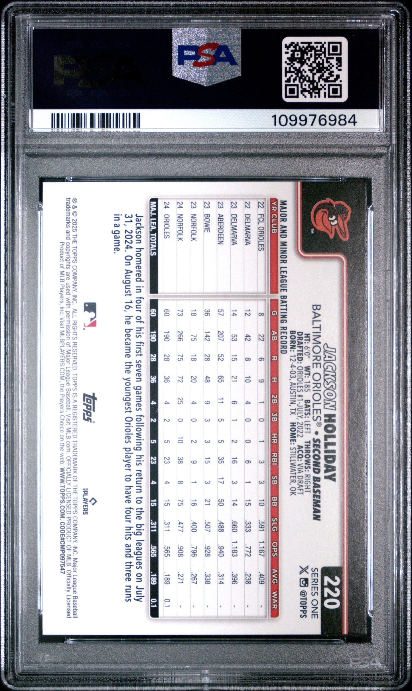 Graded 2025 Topps Jackson Holliday #220 Future Stars Baseball Card PSA 9 Mint