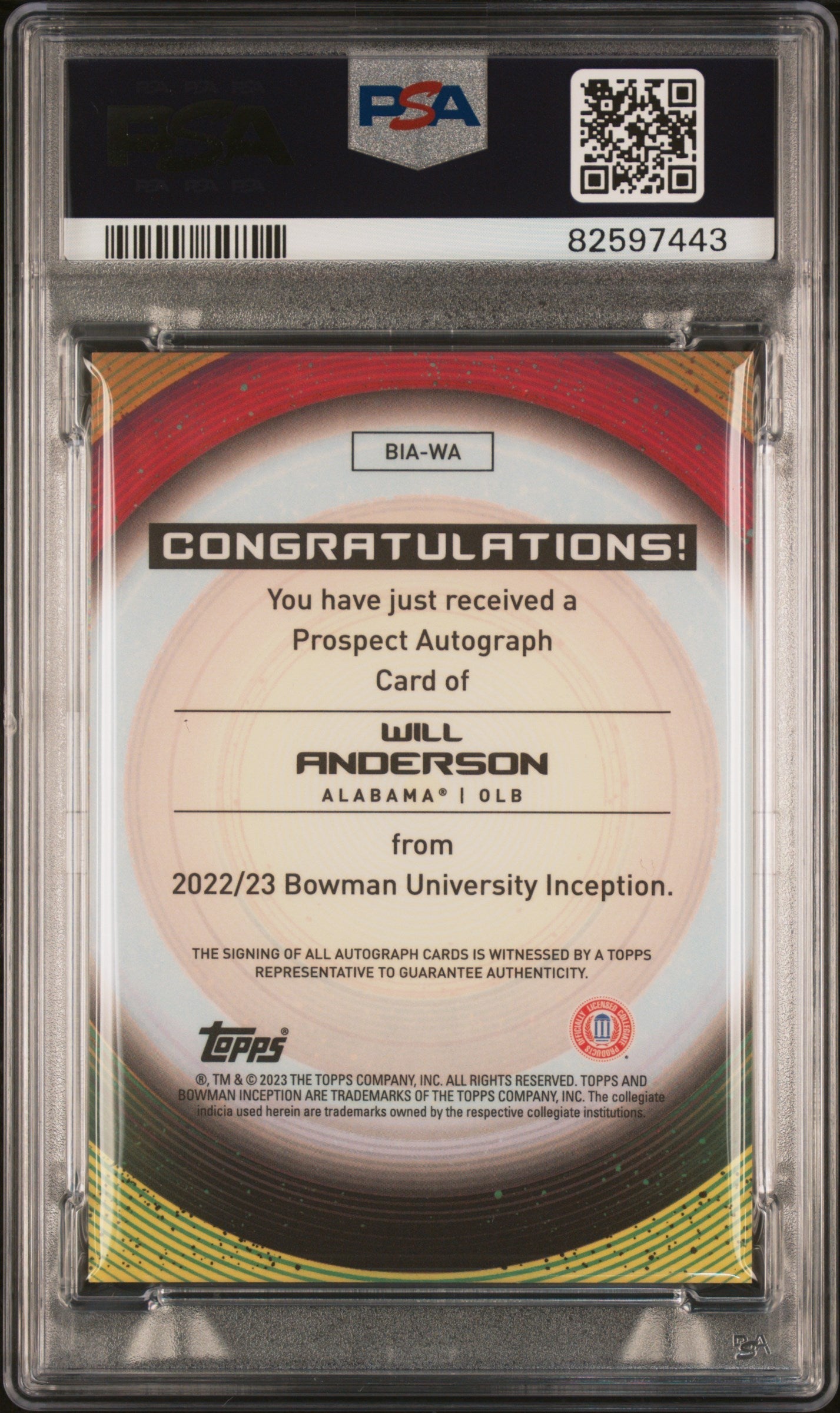Graded 2022 Bowman U Inception Will Anderson #WA Autograph Rookie RC Football Card PSA 10 Gem Mint