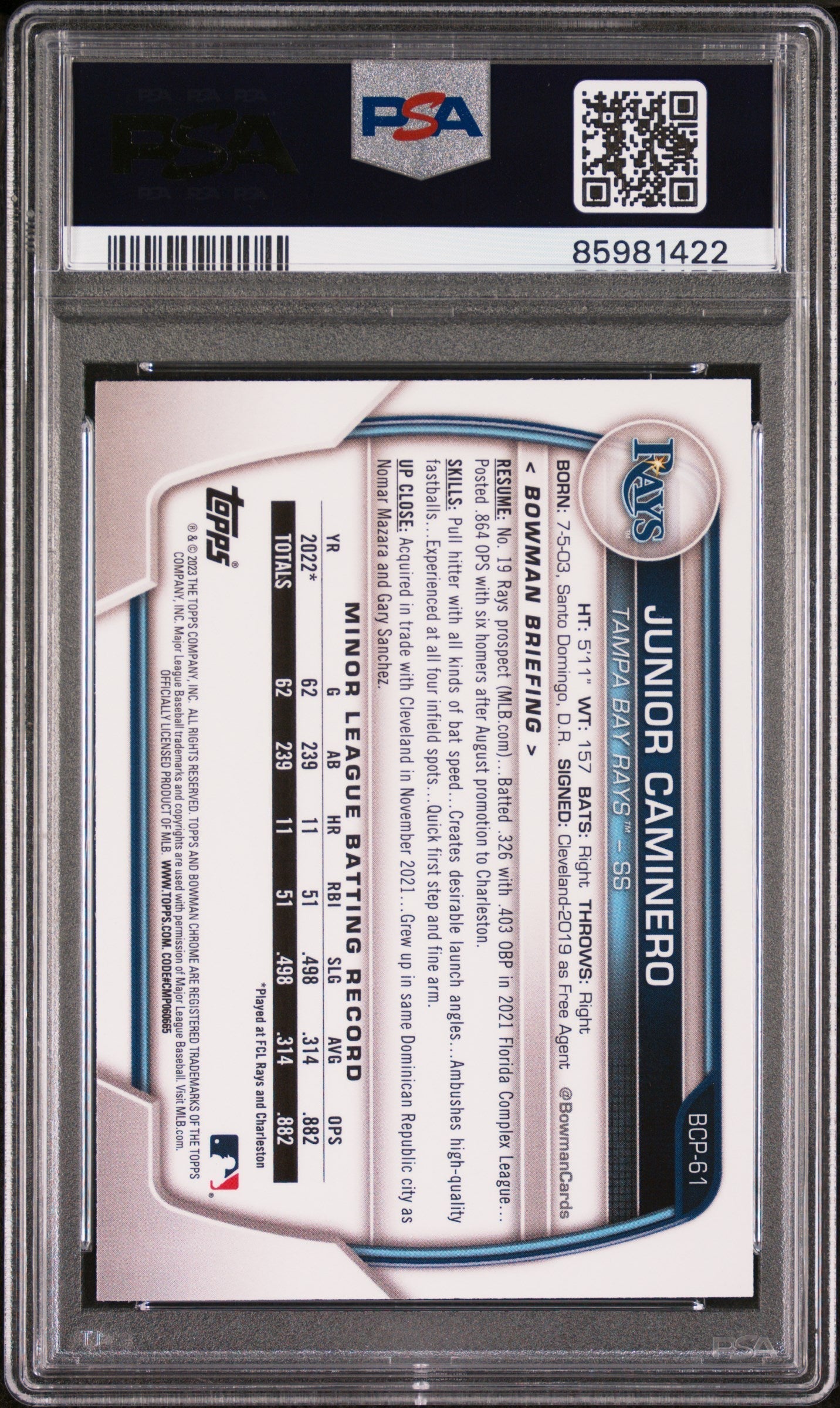 Graded 2023 Topps Bowman Junior Caminero #BCP61 Chrome Prospects Rookie RC Baseball Card PSA 10 Gem Mint