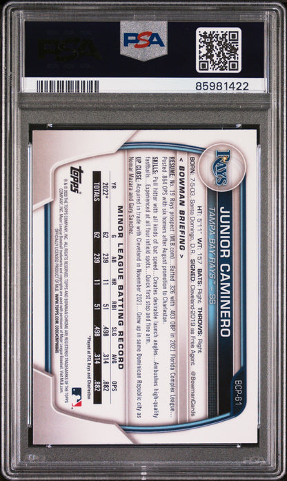 Graded 2023 Topps Bowman Junior Caminero #BCP61 Chrome Prospects Rookie RC Baseball Card PSA 10 Gem Mint