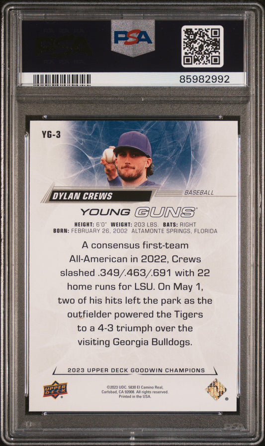 Graded 2023 Upper Deck Goodwin Champions Dylan Crews #YG3 Young Guns Rookie RC Baseball Card PSA 10 Gem Mint