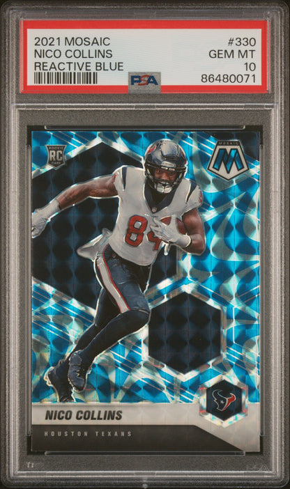 Graded 2021 Panini Mosaic Nico Collins #330 Reactive Blue Rookie RC Football Card PSA 10 Gem Mint