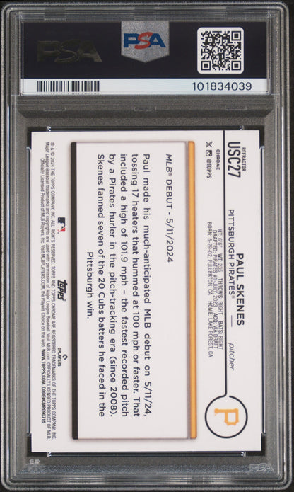 Graded 2024 Topps Chrome Update Paul Skenes #USC27 Refractor Rookie RC Baseball Card PSA 10 Gem Mint