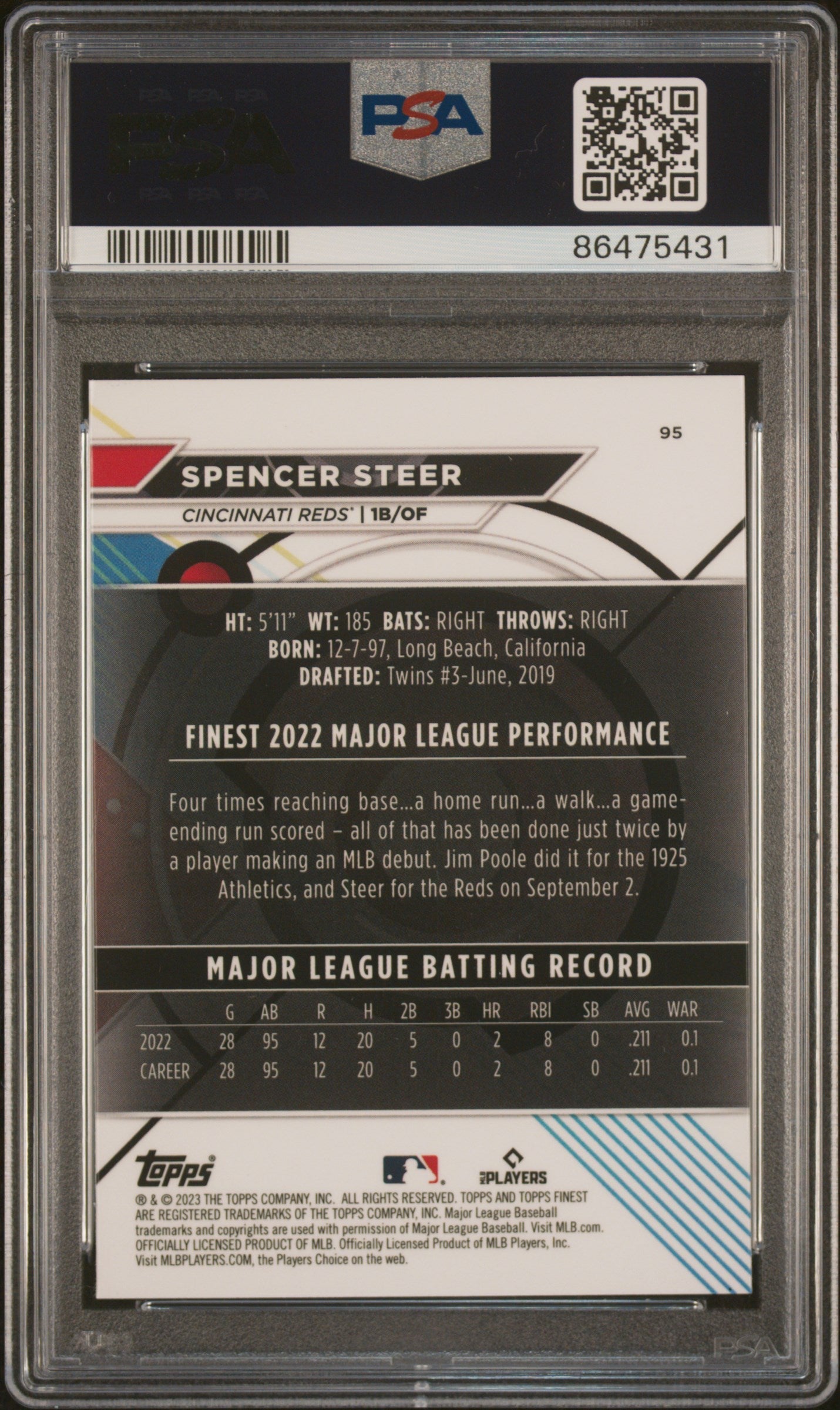 Graded 2023 Topps Finest Spencer Steer #95 Rookie RC Baseball Card PSA 10 Gem Mint