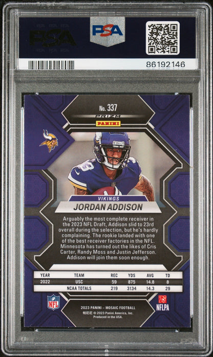Graded 2023 Panini Mosaic Jordan Addison #337 Rookie RC Football Card PSA 10 Gem Mint