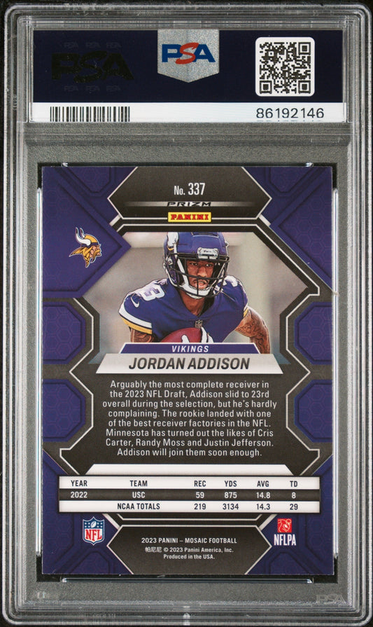 Graded 2023 Panini Mosaic Jordan Addison #337 Rookie RC Football Card PSA 10 Gem Mint