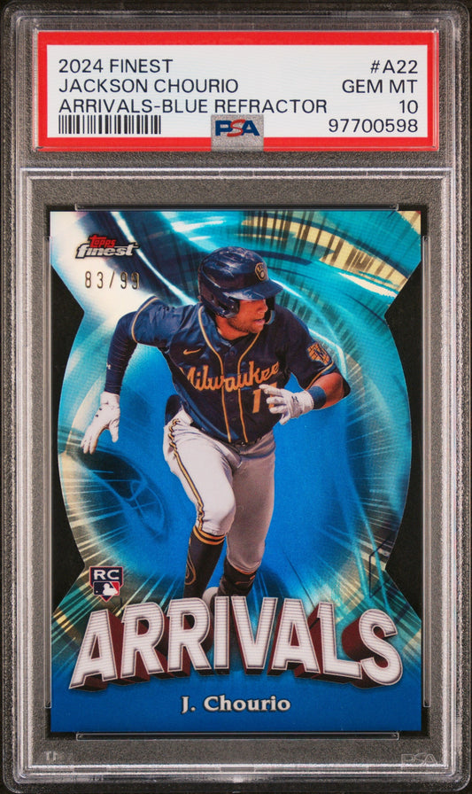 Graded 2024 Topps Finest Jackson Chourio #A22 Arrivals Blue Refractor #/99 Rookie RC Baseball Card PSA 10 Gem Mint