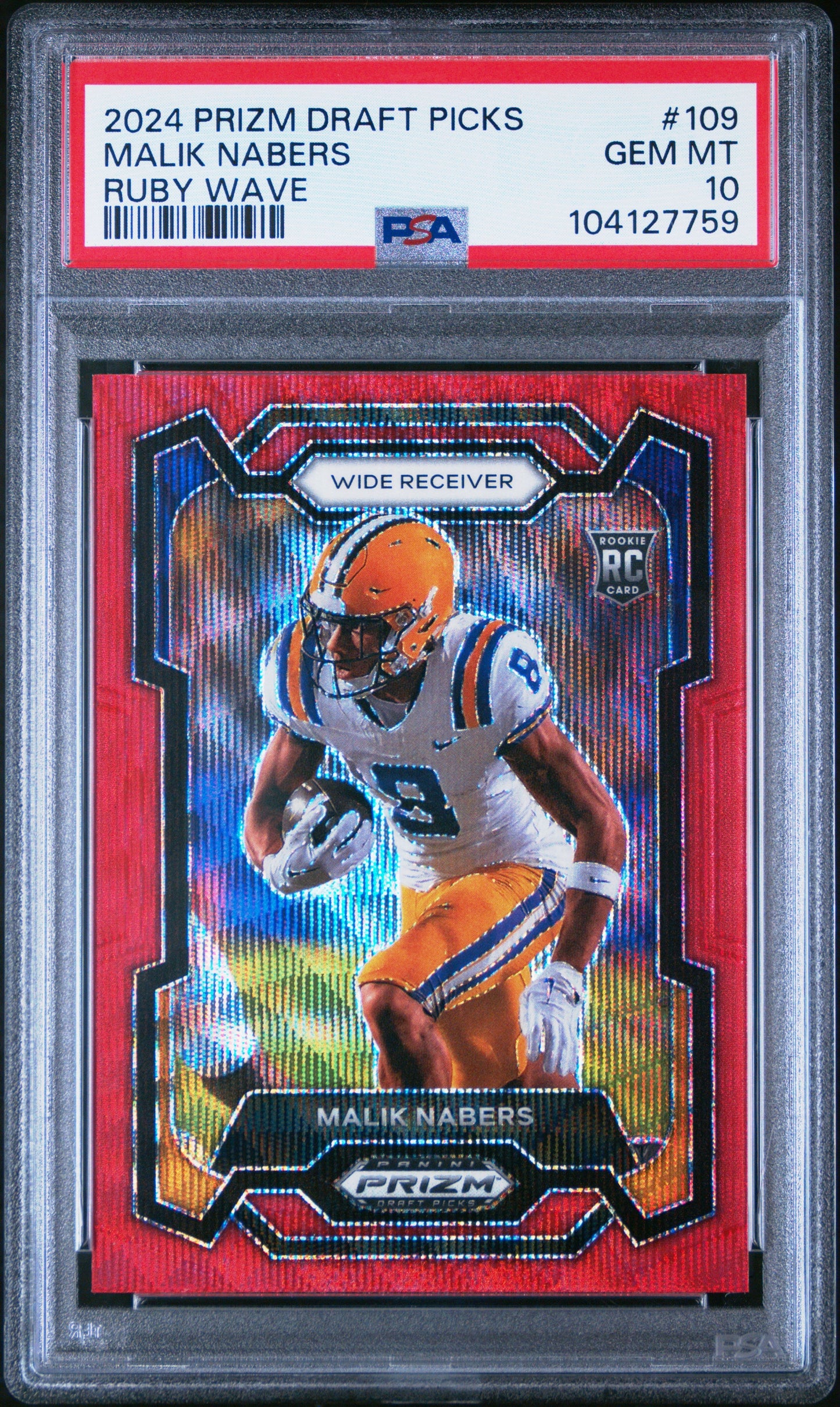 Graded 2024 Panini Prizm Draft Picks Malik Nabers #109 Ruby Wave Rookie RC Football Card PSA 10 Gem Mint