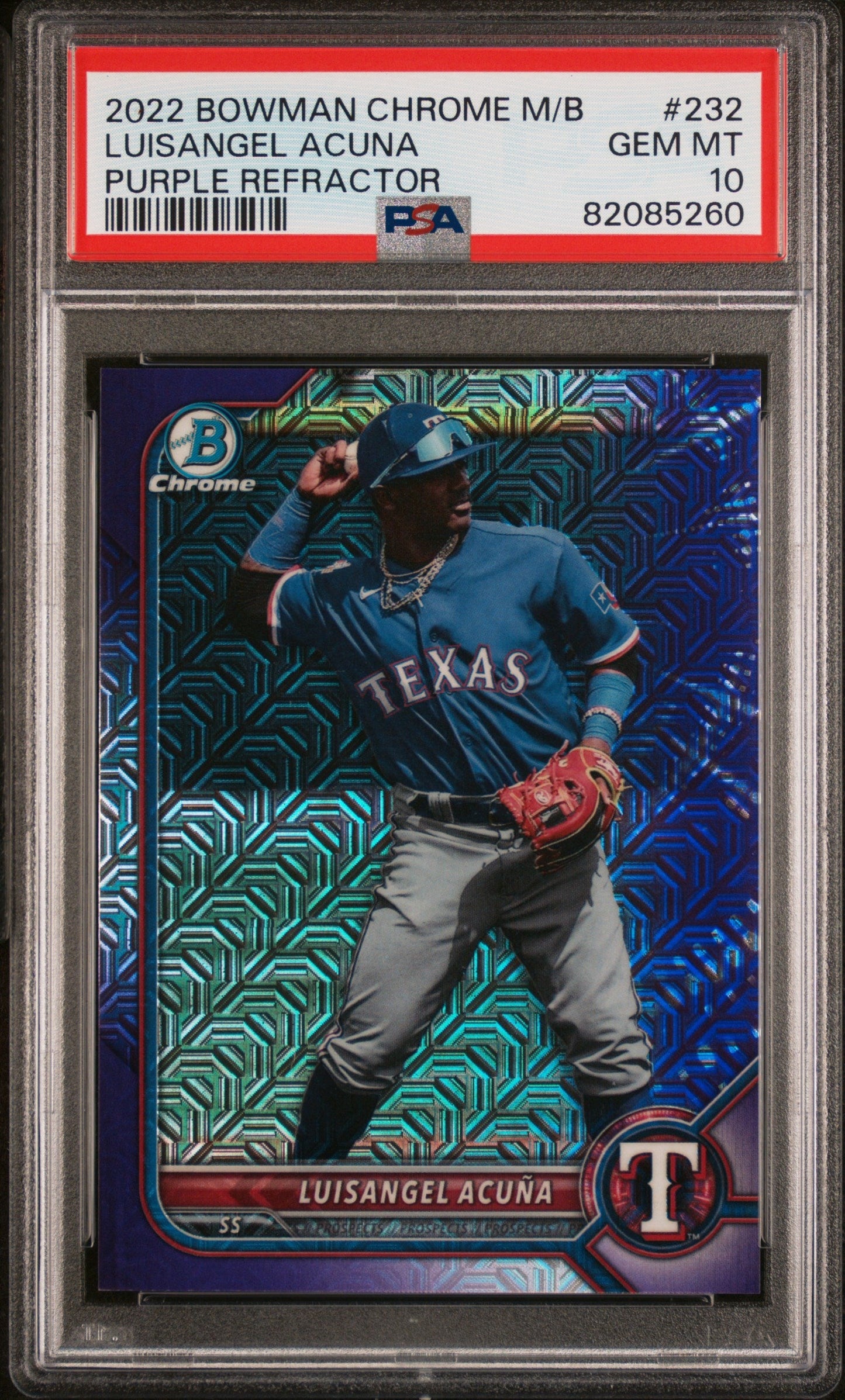 Graded 2022 Topps Bowman Chrome Mega Box Luisangel Acuna #232 Purple Refractor #/250 Rookie RC Baseball Card PSA 10 Gem Mint