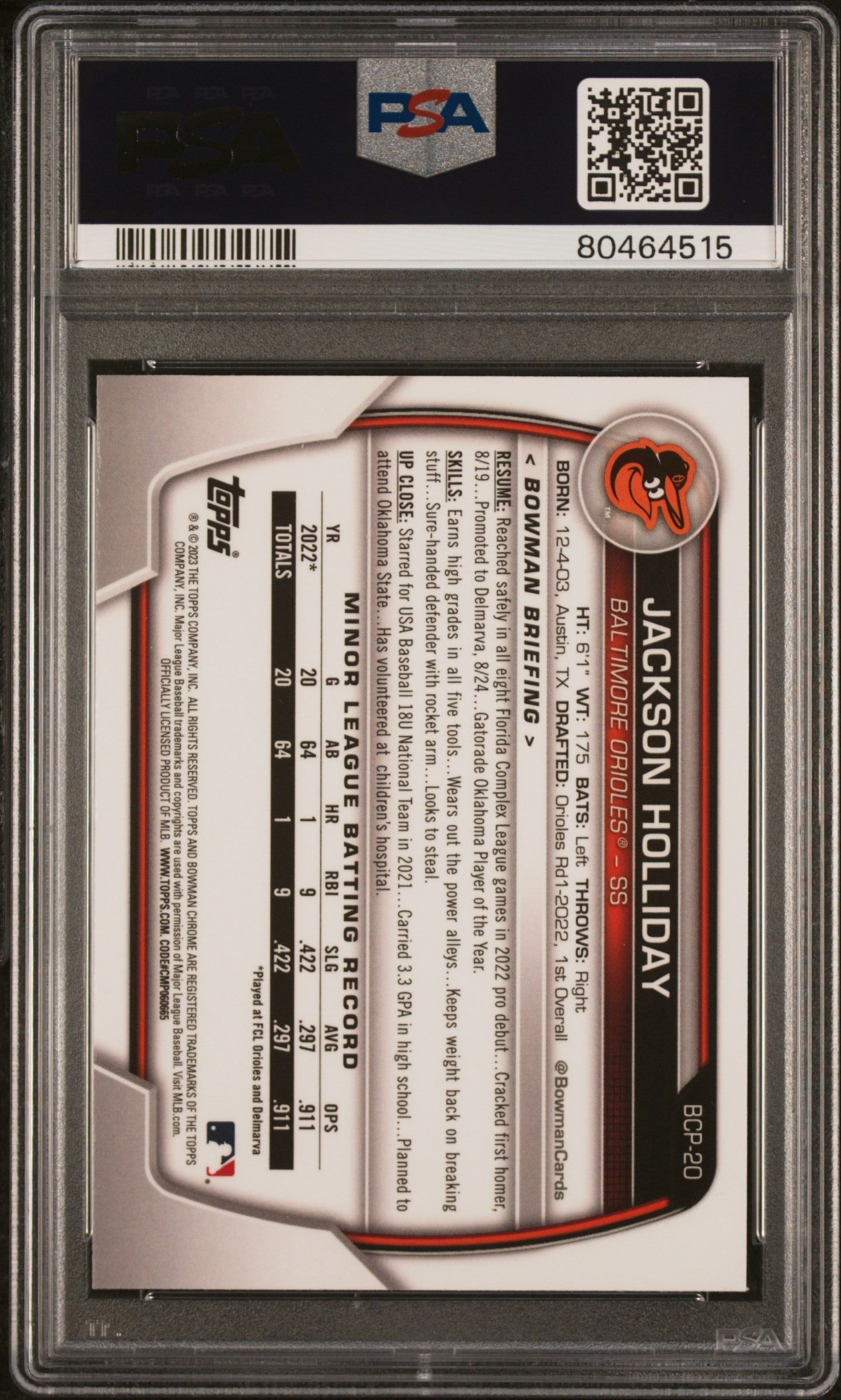 Graded 2023 Topps Bowman Jackson Holliday #BCP20 Chrome Prospects Rookie RC Baseball Card PSA 10 Gem Mint